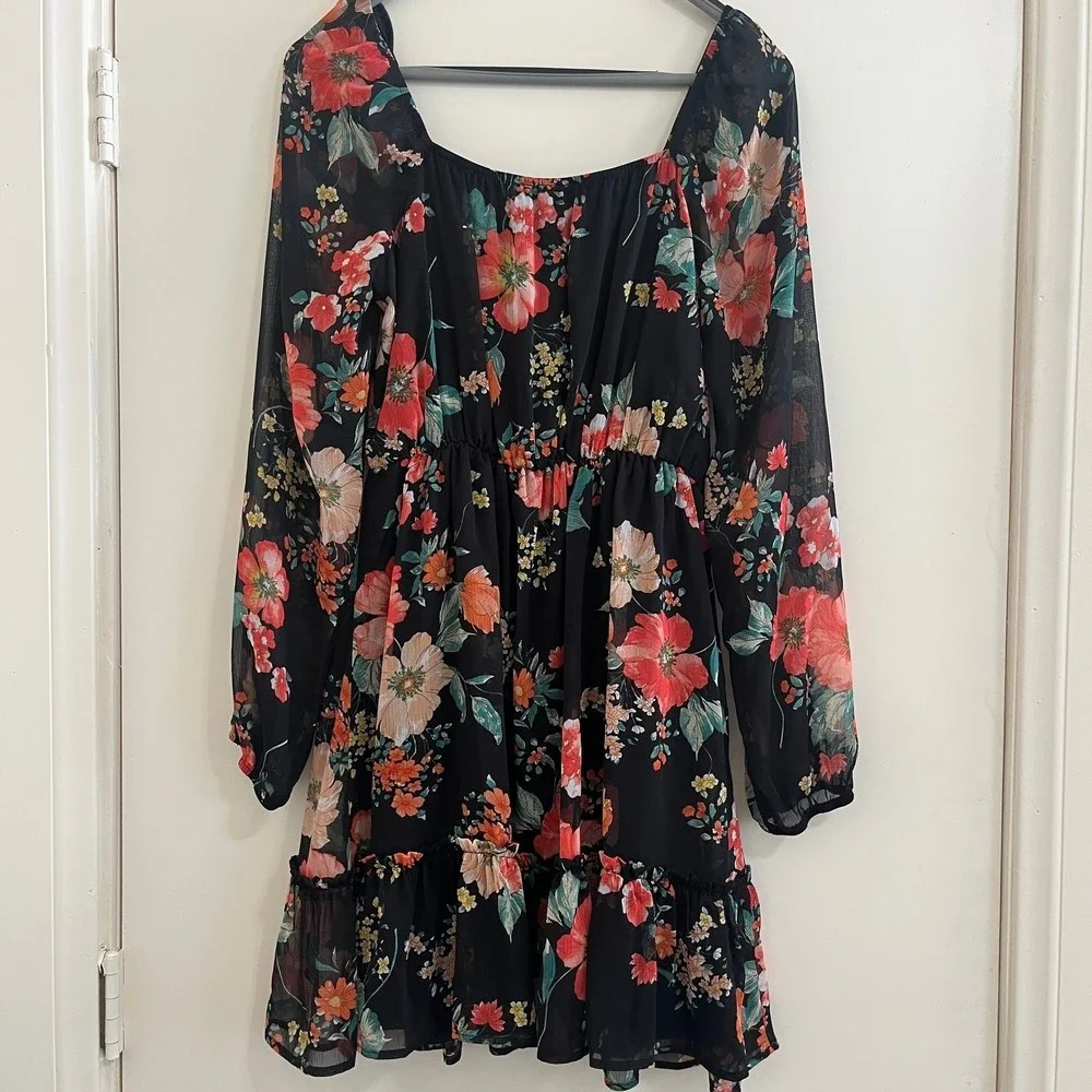 Floral Babydoll Mini Dress M Black Keyhole Bust Sheer Sleeve Boho Fairy Romantic